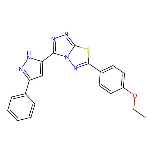 6-(4-ethoxyphenyl)-3-(3-phenyl-1H-pyrazol-5-yl)-[1,2,4]triazolo[3,4-b][1,3,4]thiadiazole structure