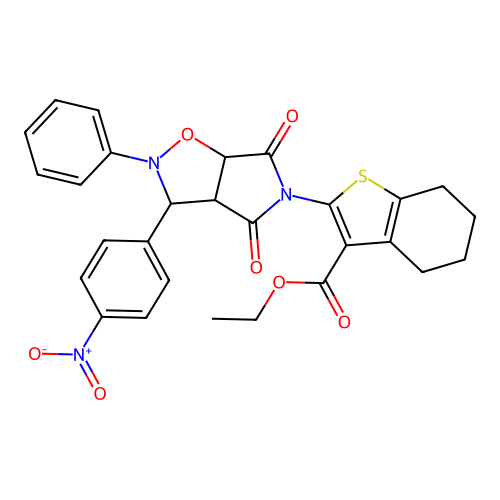 ethyl 2-[3-(4-nitrophenyl)-4,6-dioxo-2-phenyl-hexahydro-2H-pyrrolo[3,4-d][1,2]oxazol-5-yl]-4,5,6,7-tetrahydro-1-benzothiophene-3-carboxylate structure
