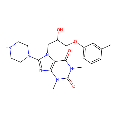 7-[2-hydroxy-3-(3-methylphenoxy)propyl]-1,3-dimethyl-8-piperazin-1-yl-purine-2,6-dione structure