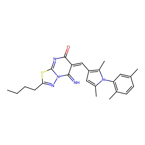 (6E)-2-butyl-6-[[1-(2,5-dimethylphenyl)-2,5-dimethylpyrrol-3-yl]methylidene]-5-imino-[1,3,4]thiadiazolo[3,2-a]pyrimidin-7-one structure