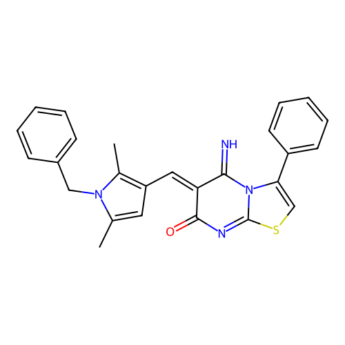(6Z)-6-[(1-benzyl-2,5-dimethyl-1H-pyrrol-3-yl)methylidene]-5-imino-3-phenyl-5,6-dihydro-7H-[1,3]thiazolo[3,2-a]pyrimidin-7-one structure