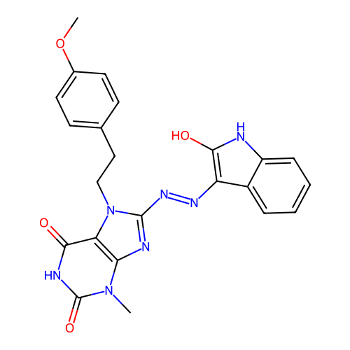 7-[2-(4-methoxyphenyl)ethyl]-3-methyl-8-[2-(2-oxoindol-3-yl)hydrazinyl]purine-2,6-dione structure