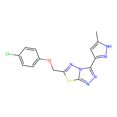 4-chloro-1-{[3-(3-methylpyrazol-5-yl)(1,2,4-triazolo[3,4-b]1,3,4-thiadiazolin- 6-yl)]methoxy}benzene structure