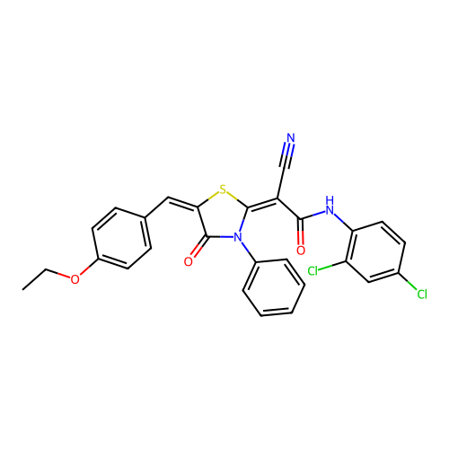 (2E)-2-cyano-N-(2,4-dichlorophenyl)-2-[(5E)-5-[(4-ethoxyphenyl)methylidene]-4-oxo-3-phenyl-1,3-thiazolidin-2-ylidene]acetamide structure