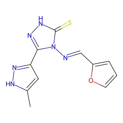 4-[(E)-furan-2-ylmethylideneamino]-3-(5-methyl-1H-pyrazol-3-yl)-1H-1,2,4-triazole-5-thione structure