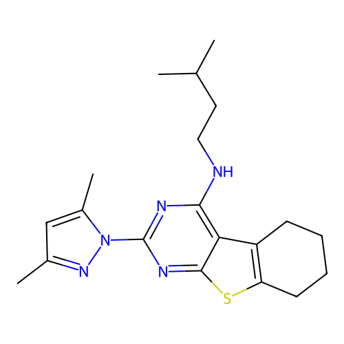 2-(3,5-dimethyl-1H-pyrazol-1-yl)-N-(3-methylbutyl)-5,6,7,8-tetrahydro[1]benzothieno[2,3-d]pyrimidin-4-amine structure