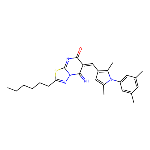 (6E)-6-[[1-(3,5-dimethylphenyl)-2,5-dimethylpyrrol-3-yl]methylidene]-2-hexyl-5-imino-[1,3,4]thiadiazolo[3,2-a]pyrimidin-7-one structure