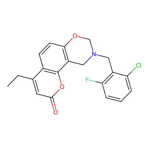 9-(2-chloro-6-fluorobenzyl)-4-ethyl-9,10-dihydro-2H,8H-chromeno[8,7-e][1,3]oxazin-2-one structure