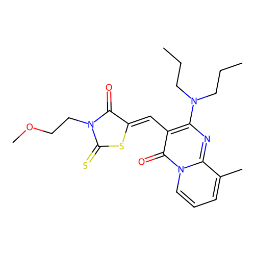 2-(dipropylamino)-3-{(Z)-[3-(2-methoxyethyl)-4-oxo-2-thioxo-1,3-thiazolidin-5-ylidene]methyl}-9-methyl-4H-pyrido[1,2-a]pyrimidin-4-one structure