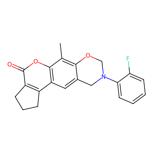 9-(2-fluorophenyl)-6-methyl-2,3,9,10-tetrahydro-1H-cyclopenta[3,4]chromeno[6,7-e][1,3]oxazin-4(8H)-one structure