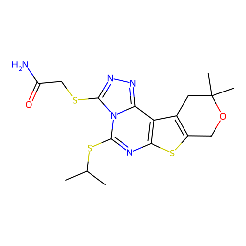 2-((5-(isopropylthio)-10,10-dimethyl-10,11-dihydro-8H-pyrano[4',3':4,5]thieno[3,2-e][1,2,4]triazolo[4,3-c]pyrimidin-3-yl)thio)acetamide structure