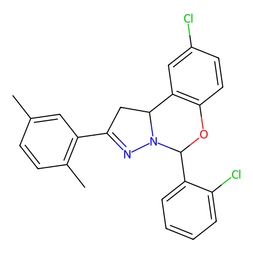 9-chloro-5-(2-chlorophenyl)-2-(2,5-dimethylphenyl)-1,10b-dihydropyrazolo[1,5-c][1,3]benzoxazine structure