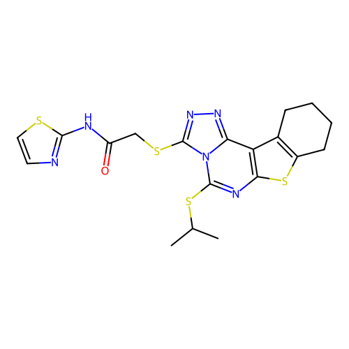 2-((5-(isopropylthio)-8,9,10,11-tetrahydrobenzo[4,5]thieno[3,2-e][1,2,4]triazolo[4,3-c]pyrimidin-3-yl)thio)-N-(thiazol-2-yl)acetamide structure