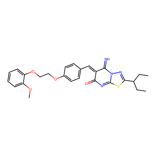 (Z)-5-imino-6-(4-(2-(2-methoxyphenoxy)ethoxy)benzylidene)-2-(pentan-3-yl)-5H-[1,3,4]thiadiazolo[3,2-a]pyrimidin-7(6H)-one structure