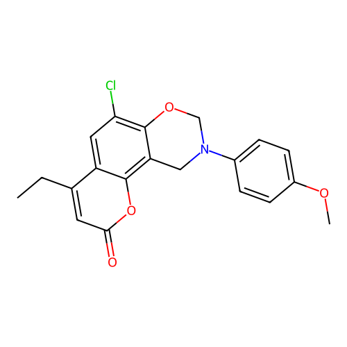 6-chloro-4-ethyl-9-(4-methoxyphenyl)-8,10-dihydropyrano[2,3-f][1,3]benzoxazin-2-one structure