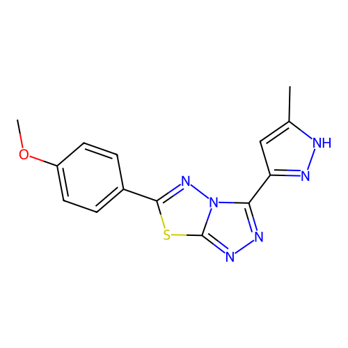 6-(4-methoxyphenyl)-3-(3-methyl-1H-pyrazol-5-yl)[1,2,4]triazolo[3,4-b][1,3,4]thiadiazole structure
