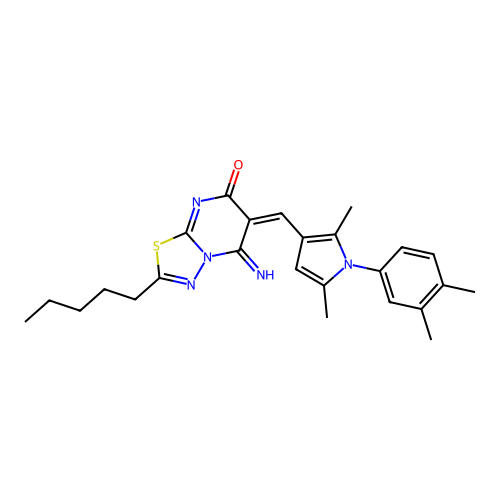 (6E)-6-[[1-(3,4-dimethylphenyl)-2,5-dimethylpyrrol-3-yl]methylidene]-5-imino-2-pentyl-[1,3,4]thiadiazolo[3,2-a]pyrimidin-7-one structure
