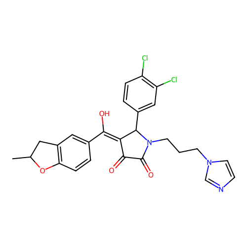 (4E)-5-(3,4-dichlorophenyl)-4-[hydroxy-(2-methyl-2,3-dihydro-1-benzofuran-5-yl)methylidene]-1-(3-imidazol-1-ylpropyl)pyrrolidine-2,3-dione structure