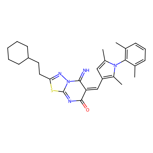 (E)-2-(2-cyclohexylethyl)-6-((1-(2,6-dimethylphenyl)-2,5-dimethyl-1H-pyrrol-3-yl)methylene)-5-imino-5H-[1,3,4]thiadiazolo[3,2-a]pyrimidin-7(6H)-one structure