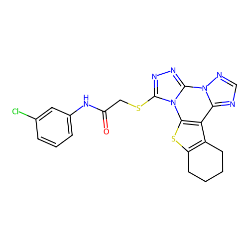 N-(3-chlorophenyl)-2-((10,11,12,13-tetrahydrobenzo[4,5]thieno[3,2-e]bis([1,2,4]triazolo)[4,3-a:1',5'-c]pyrimidin-7-yl)thio)acetamide structure