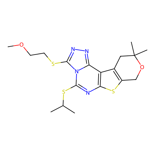 3-[(2-methoxyethyl)sulfanyl]-10,10-dimethyl-5-(propan-2-ylsulfanyl)-10,11-dihydro-8H-pyrano[4',3':4,5]thieno[3,2-e][1,2,4]triazolo[4,3-c]pyrimidine structure