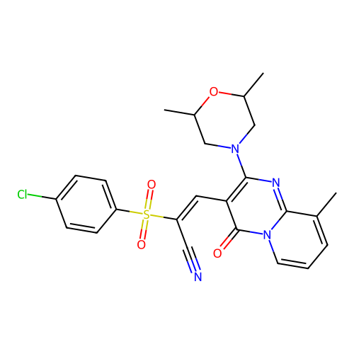 (2E)-2-(4-CHLOROBENZENESULFONYL)-3-[2-(2,6-DIMETHYLMORPHOLIN-4-YL)-9-METHYL-4-OXO-4H-PYRIDO[1,2-A]PYRIMIDIN-3-YL]PROP-2-ENENITRILE structure