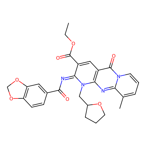 (Z)-ethyl 2-((benzo[d][1,3]dioxole-5-carbonyl)imino)-10-methyl-5-oxo-1-((tetrahydrofuran-2-yl)methyl)-2,5-dihydro-1H-dipyrido[1,2-a:2',3'-d]pyrimidine-3-carboxylate structure