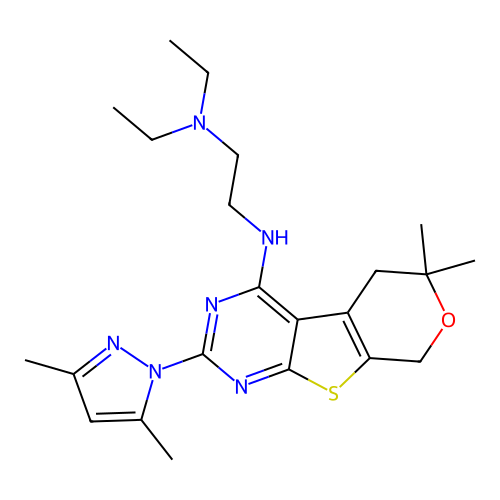N'-[2-(3,5-dimethyl-1H-pyrazol-1-yl)-6,6-dimethyl-5,8-dihydro-6H-pyrano[4',3':4,5]thieno[2,3-d]pyrimidin-4-yl]-N,N-diethylethane-1,2-diamine structure