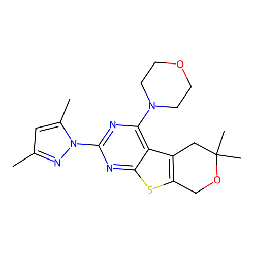 2-(3,5-dimethyl-1H-pyrazol-1-yl)-6,6-dimethyl-4-(morpholin-4-yl)-5,8-dihydro-6H-pyrano[4',3':4,5]thieno[2,3-d]pyrimidine structure