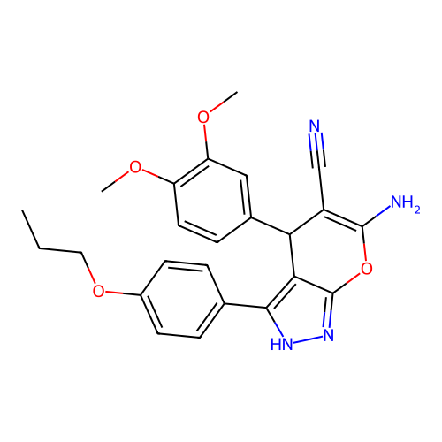6-amino-4-(3,4-dimethoxyphenyl)-3-(4-propoxyphenyl)-2,4-dihydropyrano[2,3-c]pyrazole-5-carbonitrile structure