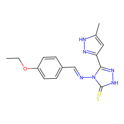 (E)-4-((4-ethoxybenzylidene)amino)-5-(3-methyl-1H-pyrazol-5-yl)-4H-1,2,4-triazole-3-thiol structure