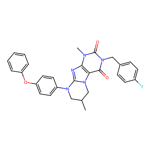 3-(4-fluorobenzyl)-1,7-dimethyl-9-(4-phenoxyphenyl)-6,7,8,9-tetrahydropyrimido[2,1-f]purine-2,4(1H,3H)-dione structure