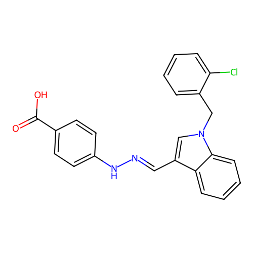 4-[(2E)-2-{[1-(2-chlorobenzyl)-1H-indol-3-yl]methylidene}hydrazinyl]benzoic acid structure