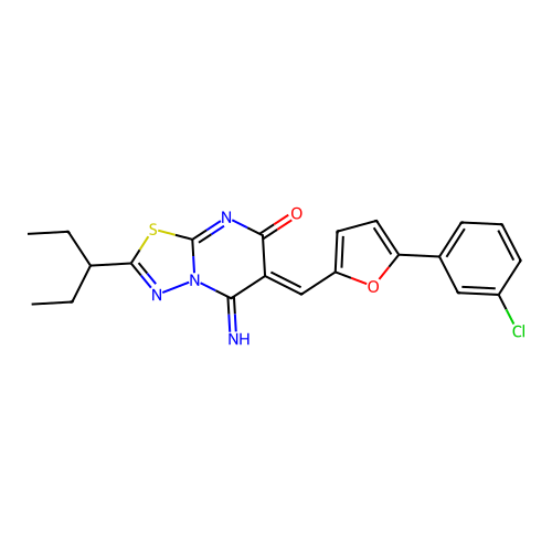 (6Z)-6-[[5-(3-chlorophenyl)furan-2-yl]methylidene]-5-imino-2-pentan-3-yl-[1,3,4]thiadiazolo[3,2-a]pyrimidin-7-one structure