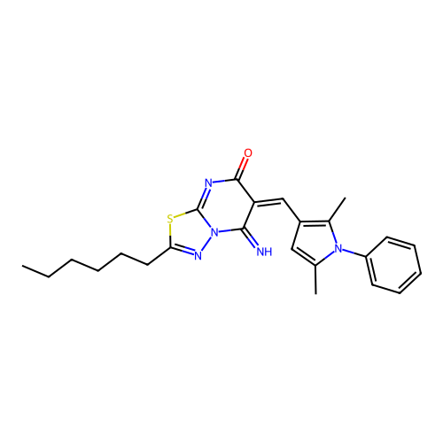 (6E)-6-[(2,5-dimethyl-1-phenyl-1H-pyrrol-3-yl)methylidene]-2-hexyl-5-imino-5,6-dihydro-7H-[1,3,4]thiadiazolo[3,2-a]pyrimidin-7-one structure
