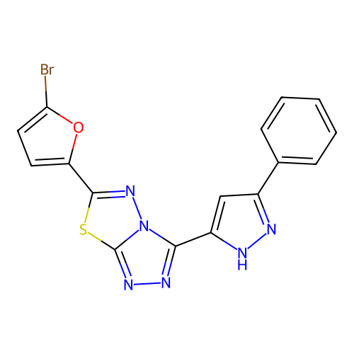 6-(5-bromofuran-2-yl)-3-(3-phenyl-1H-pyrazol-5-yl)-[1,2,4]triazolo[3,4-b][1,3,4]thiadiazole structure