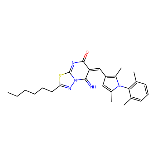 (6E)-6-[[1-(2,6-dimethylphenyl)-2,5-dimethylpyrrol-3-yl]methylidene]-2-hexyl-5-imino-[1,3,4]thiadiazolo[3,2-a]pyrimidin-7-one structure