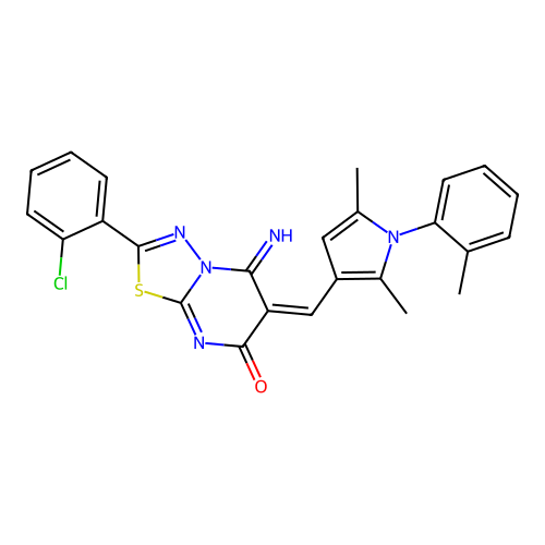 (E)-2-(2-chlorophenyl)-6-((2,5-dimethyl-1-(o-tolyl)-1H-pyrrol-3-yl)methylene)-5-imino-5H-[1,3,4]thiadiazolo[3,2-a]pyrimidin-7(6H)-one structure