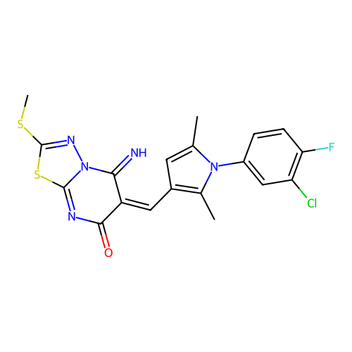 (6E)-6-[[1-(3-chloro-4-fluorophenyl)-2,5-dimethylpyrrol-3-yl]methylidene]-5-imino-2-methylsulfanyl-[1,3,4]thiadiazolo[3,2-a]pyrimidin-7-one structure
