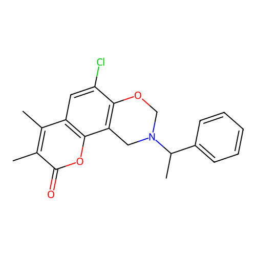6-chloro-3,4-dimethyl-9-(1-phenylethyl)-8,10-dihydropyrano[2,3-f][1,3]benzoxazin-2-one structure