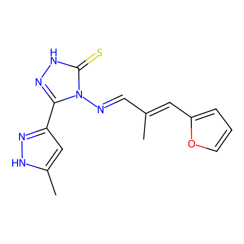 4-[(E)-[(E)-3-(furan-2-yl)-2-methylprop-2-enylidene]amino]-3-(5-methyl-1H-pyrazol-3-yl)-1H-1,2,4-triazole-5-thione structure