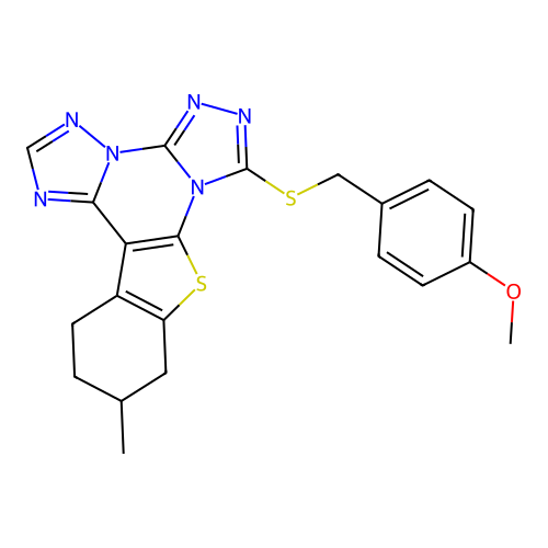 7-((4-methoxybenzyl)thio)-11-methyl-10,11,12,13-tetrahydrobenzo[4,5]thieno[3,2-e]bis([1,2,4]triazolo)[4,3-a:1',5'-c]pyrimidine structure