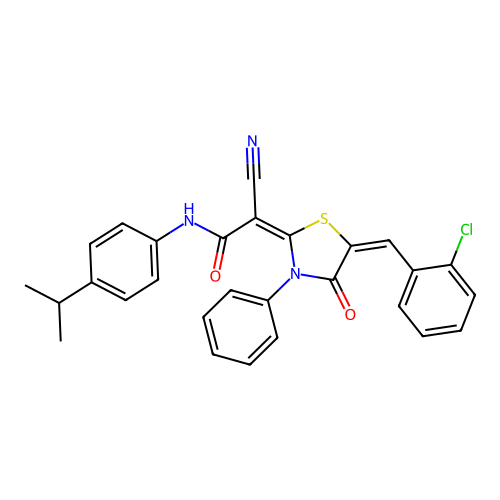 (2E)-2-[(5E)-5-[(2-chlorophenyl)methylidene]-4-oxo-3-phenyl-1,3-thiazolidin-2-ylidene]-2-cyano-N-(4-propan-2-ylphenyl)acetamide structure