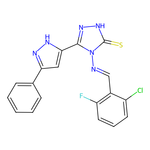 (E)-4-((2-chloro-6-fluorobenzylidene)amino)-5-(3-phenyl-1H-pyrazol-5-yl)-4H-1,2,4-triazole-3-thiol structure