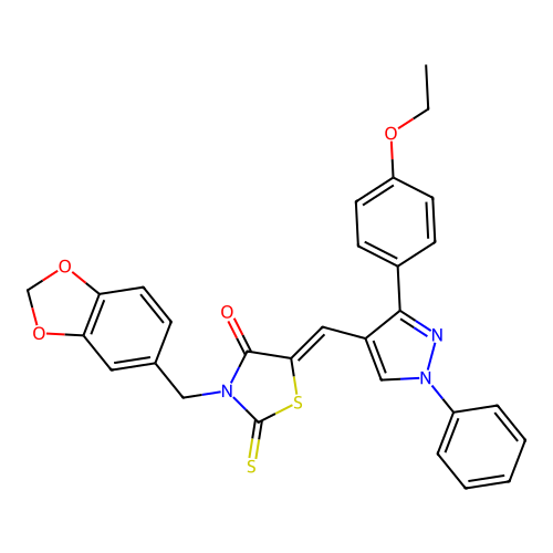 (Z)-3-(benzo[d][1,3]dioxol-5-ylmethyl)-5-((3-(4-ethoxyphenyl)-1-phenyl-1H-pyrazol-4-yl)methylene)-2-thioxothiazolidin-4-one structure