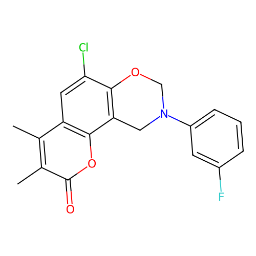 6-chloro-9-(3-fluorophenyl)-3,4-dimethyl-8,10-dihydropyrano[2,3-f][1,3]benzoxazin-2-one structure