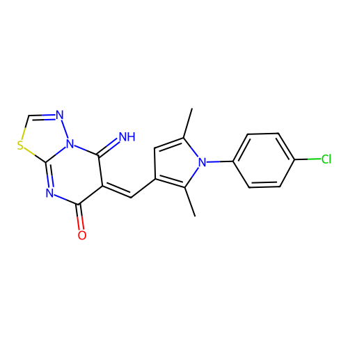 (E)-6-((1-(4-chlorophenyl)-2,5-dimethyl-1H-pyrrol-3-yl)methylene)-5-imino-5H-[1,3,4]thiadiazolo[3,2-a]pyrimidin-7(6H)-one structure