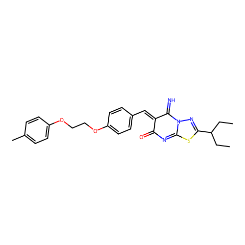 (Z)-5-imino-2-(pentan-3-yl)-6-(4-(2-(p-tolyloxy)ethoxy)benzylidene)-5H-[1,3,4]thiadiazolo[3,2-a]pyrimidin-7(6H)-one structure