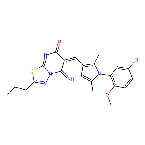 (6E)-6-[[1-(5-chloro-2-methoxyphenyl)-2,5-dimethylpyrrol-3-yl]methylidene]-5-imino-2-propyl-[1,3,4]thiadiazolo[3,2-a]pyrimidin-7-one structure
