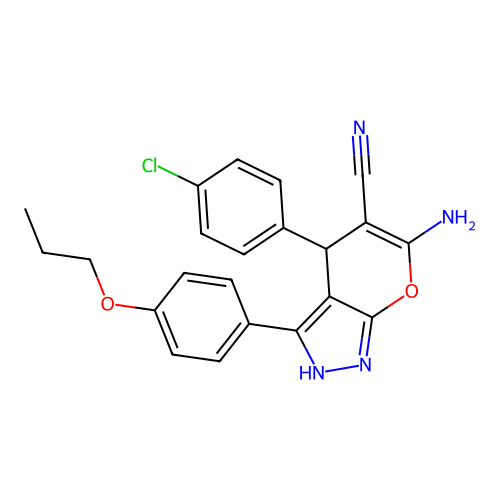 6-amino-4-(4-chlorophenyl)-3-(4-propoxyphenyl)-2,4-dihydropyrano[2,3-c]pyrazole-5-carbonitrile structure